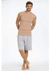 Erkek Fitilli Atlet Sıfır Yaka Slim Fit Arka Baskılı Spor Atlet - Bej
