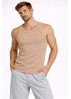 Erkek Fitilli Atlet Sıfır Yaka Slim Fit Arka Baskılı Spor Atlet - Bej