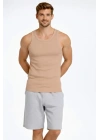 Erkek Fitilli Atlet Sıfır Yaka Slim Fit Arka Baskılı Spor Atlet - Bej