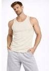 Erkek Fitilli Atlet Sıfır Yaka Slim Fit Arka Baskılı Spor Atlet - Krem