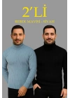 Erkek Fitilli Triko Kazak 2li Set Bebek Mavisi Siyah Regular Balıkcı Yaka Tam Boğazlı Triko Seti Modeli Kazak