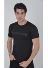 Erkek Göğüste Fermuar Aksesuarlı Dar Kalıp T-Shirt - Siyah