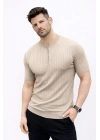 Erkek Kısa Kol Fitilli Triko T-Shirt Yazlık Hakim Yaka Tişört - Bej
