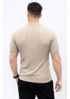 Erkek Kısa Kol Fitilli Triko T-Shirt Yazlık Hakim Yaka Tişört - Bej