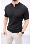 Erkek Kısa Kol Fitilli Triko T-Shirt Yazlık Hakim Yaka Tişört - Siyah