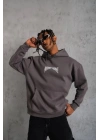 Erkek Kordon İpli Baskılı Kapüşonlu Sweatshirt - Füme