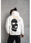Erkek Kordonlu Maske Baskılı Kapüşonlu Sweat - Beyaz