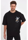 Erkek Melek Baskılı Oversize T-shirt - Siyah