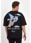 Erkek Melek Baskılı Oversize T-shirt - Siyah