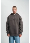 Erkek Nakış İşlemeli Kapşonlu Antrasit Sweatshirt Üç İplik Double Oversize- Füme