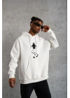 Erkek Nihilist Penguen Temalı Oversize Kapüşonlu Sweatshirt - Beyaz