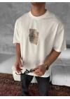Erkek Ön Ve Arka Baskılı Oversize Bisiklet Yaka T-shirt - Beyaz