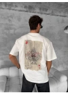 Erkek Ön Ve Arka Baskılı Oversize Bisiklet Yaka T-shirt - Beyaz