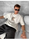 Erkek Ön Ve Arka Baskılı Oversize Bisiklet Yaka T-shirt - Beyaz
