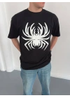 Erkek Örümcek Baskılı Tişört Kısa Kollu Bisiklet Yaka T-Shirt - Siyah