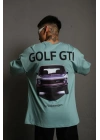 Erkek Oversize Baskılı Tişört – Golf GTI Retro Araba Desenli, Ön - Arka Dijital Baskı, Sokak Modası Stil - Mint Yeşili