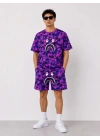 Erkek Oversize Kalıp Pubg Bape X Shark Nakışlı Cepli Şort Takım - Mor