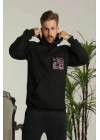 Erkek Oversize Üç İplik Kapüşonlu Sweatshirt –Sırt Ve Ön Baskılı, Kanguru Cepli, Rahat Kalıp Maskot Desenli Model - Siyah