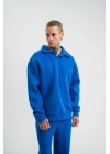 Erkek Patlı Yaka Üç İplik Pamuklu Sweatshirt Double Oversize Rahat Kalıp Günlük Kullanım - Mavi