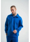Erkek Patlı Yaka Üç İplik Pamuklu Sweatshirt Double Oversize Rahat Kalıp Günlük Kullanım - Mavi