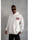Erkek Şapkalı Güvercin Baskılı Kapşonlu Sweat - Beyaz