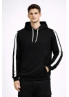 Erkek Şeritli Kapüşonlu Sweatshirt Oversize 3 Iplik Pamuklu - Siyah