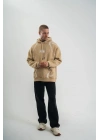 Erkek Şimşek Baskılı Kapşonlu Sweatshirt Üç İplik Pamuklu Kanguru Cepli Double Oversize Hoodie - Bej