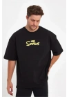 Erkek Sırt Baskılı Bisiklet Yaka Oversize T-shirt - Siyah
