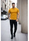 Erkek T-Shirt Bisiklet Yaka Slim Fit Dar Kesim Likralı Tişört Günlük Basic Body - Limon