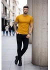 Erkek T-Shirt Bisiklet Yaka Slim Fit Dar Kesim Likralı Tişört Günlük Basic Body - Limon