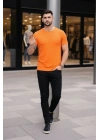 Erkek T-Shirt Bisiklet Yaka Slim Fit Dar Kesim Likralı Tişört Günlük Basic Body - Turuncu