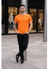Erkek T-Shirt Bisiklet Yaka Slim Fit Dar Kesim Likralı Tişört Günlük Basic Body - Turuncu