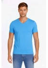 Erkek T-Shirt V Yaka Slim Fit Dar Kesim Likralı Tişört Günlük Basic Body - Açık Mavi