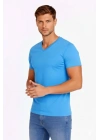 Erkek T-Shirt V Yaka Slim Fit Dar Kesim Likralı Tişört Günlük Basic Body - Açık Mavi