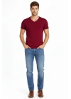 Erkek T-Shirt V Yaka Slim Fit Dar Kesim Likralı Tişört Günlük Basic Body - Bordo