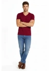 Erkek T-Shirt V Yaka Slim Fit Dar Kesim Likralı Tişört Günlük Basic Body - Bordo