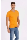Erkek T-Shirt V Yaka Slim Fit Dar Kesim Likralı Tişört Günlük Basic Body - Sarı