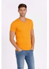 Erkek T-Shirt V Yaka Slim Fit Dar Kesim Likralı Tişört Günlük Basic Body - Sarı