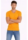 Erkek T-Shirt V Yaka Slim Fit Dar Kesim Likralı Tişört Günlük Basic Body - Sarı