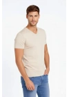 Erkek T-Shirt V Yaka Slim Fit Dar Kesim Likralı Tişört Günlük Basic Body - Taş