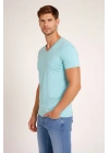 Erkek T-Shirt V Yaka Slim Fit Dar Kesim Likralı Tişört Günlük Basic Body - Turkuvaz