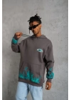 Erkek Üç İplik İçi Pamuklu Alev Baskılı Kapüşonlu Sweatshirt - Gri