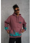 Erkek Üç İplik Içi Pamuklu Alev Baskılı Kapüşonlu Sweatshirt - Gül Kurusu