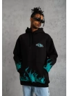 Erkek Üç İplik İçi Pamuklu Alev Baskılı Kapüşonlu Sweatshirt - Siyah