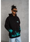 Erkek Üç İplik İçi Pamuklu Alev Baskılı Kapüşonlu Sweatshirt - Siyah