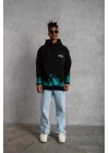 Erkek Üç İplik İçi Pamuklu Alev Baskılı Kapüşonlu Sweatshirt - Siyah
