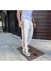 Erkek Üç İplik Kışlık Pamuklu Yandan Garneli Kalın Bej Şeritli Cepli Eşofman Altı - Beyaz