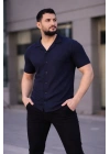 Erkek Waffle Kumaş Kısa Kollu Düğmeli Açık Yaka Regular Fit Gömlek - Lacivert