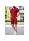Erkek Waffle Kumaş Kısa Kollu Gömlek Şort Takım Regular Fit Yazlık İkili Set - Bordo