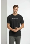 Erkek Wafıl Kumaş Tişört Regular Kalıp Bisiklet Yaka Baskılı Günlük Basic T-Shirt - Siyah